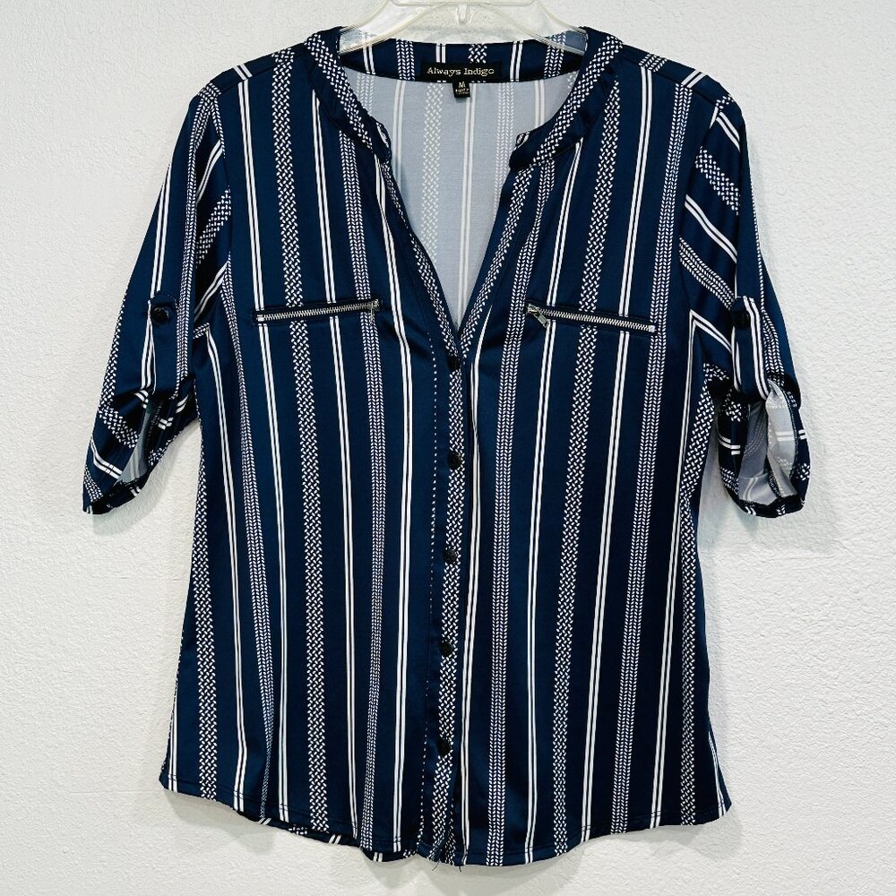 Always Indigo Button Up Stretch Top V-Neck Navy White Stripes Roll Tab Size Med
